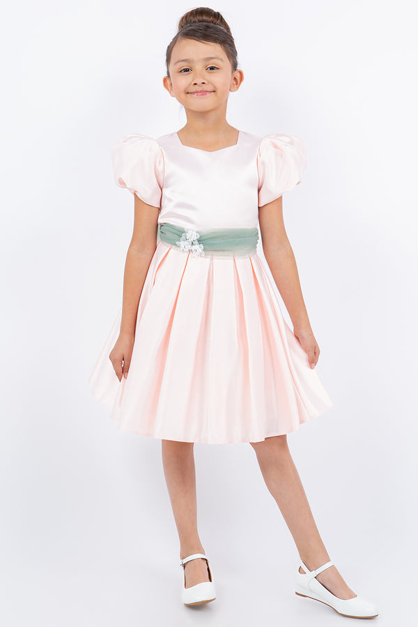 Girls Puff Sleeve Jewel Neck Organza Sash Flower Girl Dress 2-12